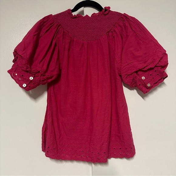 House of Harlow 1960 Puff Sleeve Smocked Eyelet Blouse Pink Small - Picture 7 of 7